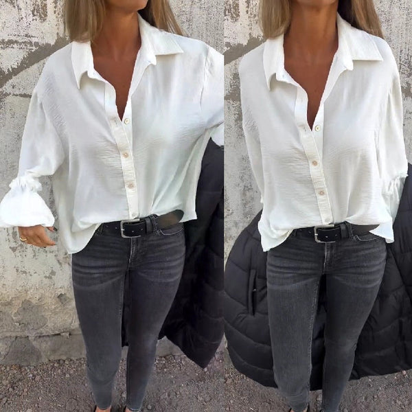 Women's Solid Long Sleeve Button Down Shirt